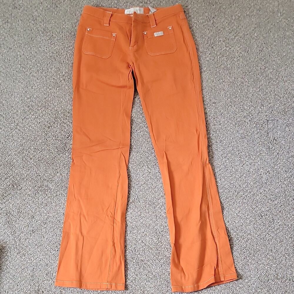 Baby Phat Women's Flared Jeans Orange Logo Button Denim Stretch Solid Zip